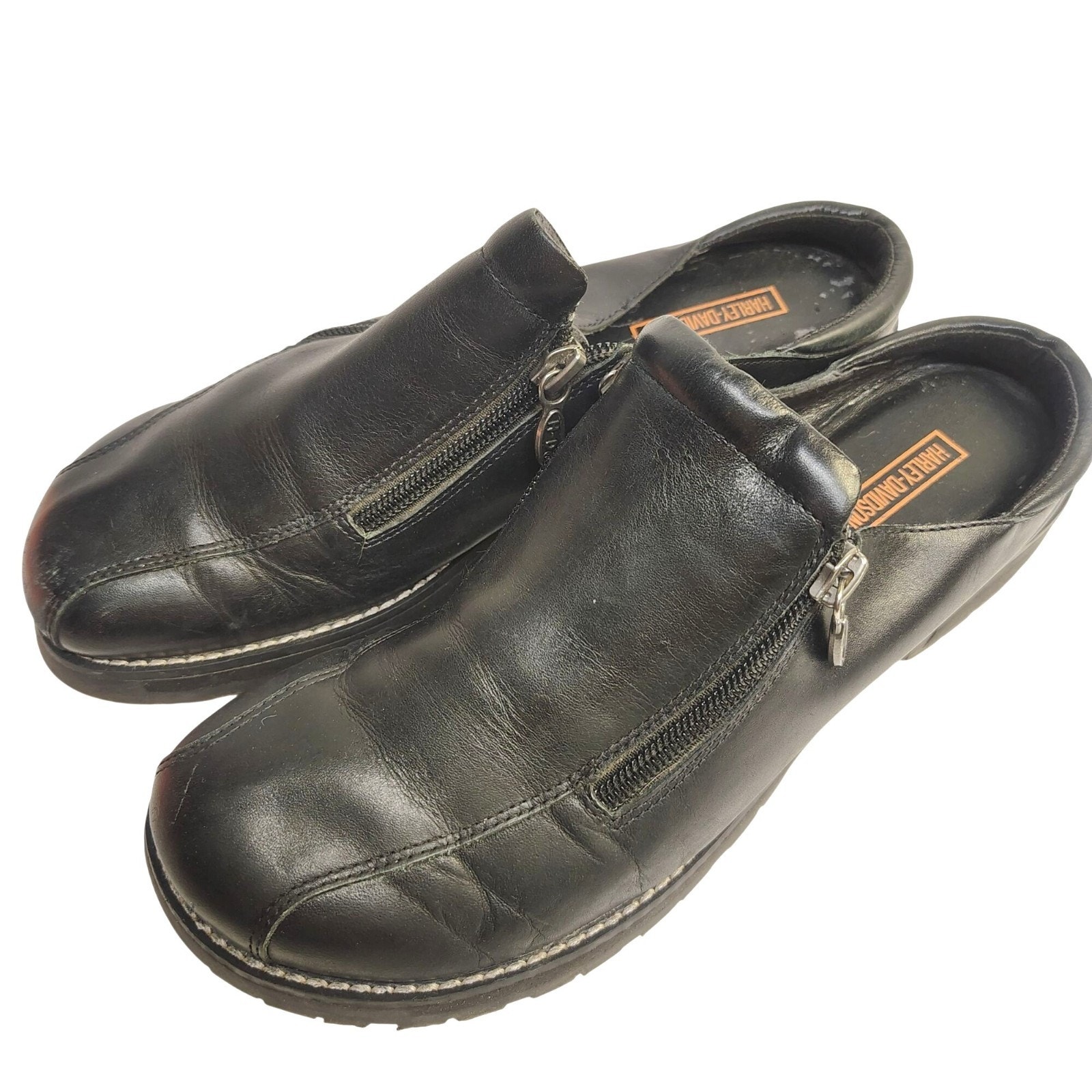 Harley Davidson Womens 8 Black Leather Mules Clogs Double Zip Chunky Heel Y2k